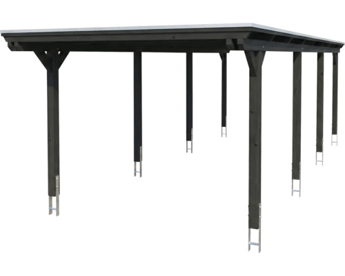 Großes Carport aus dunklem Holz mit Flachdach und stabilen Pfosten inklusive Metallankern.