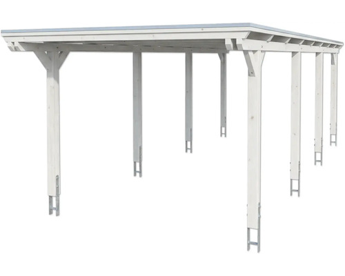 Doppelcarport aus Holz in Weiß mit H-Ankern und Flachdach.
