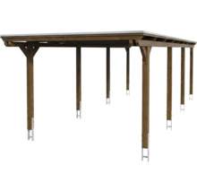 Holz-Carport mit Flachdach und Pfostenankern aus Metall.
