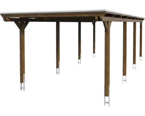 Holz-Carport mit Flachdach und Pfostenankern aus Metall.
