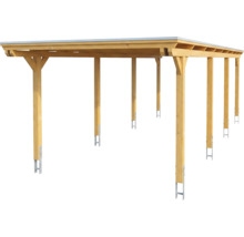 Doppelcarport aus Holz mit Flachdach und sechs Pfosten inklusive Metallankern.