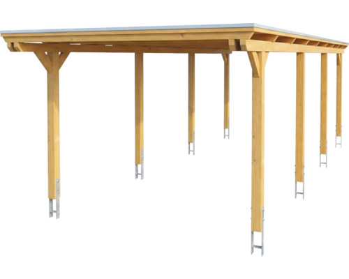 Doppelcarport aus Holz mit Flachdach und sechs Pfosten inklusive Metallankern.