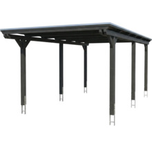 Carport aus dunklem Holz mit Flachdach und sechs Pfosten.