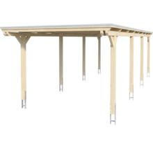Holz-Carport mit Flachdach und Pfostenankern aus Metall.