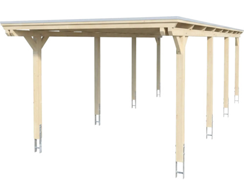 Holz-Carport mit Flachdach und Pfostenankern aus Metall.