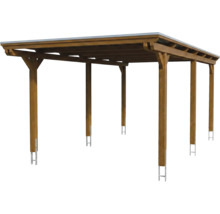 Carport aus Holz mit Flachdach und sechs Pfosten inklusive Bodenankern.
