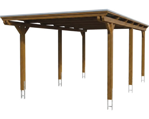 Carport aus Holz mit Flachdach und sechs Pfosten inklusive Bodenankern.