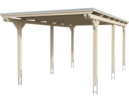 Carport aus hellem Holz mit Flachdach und Pfostenankern aus Metall.