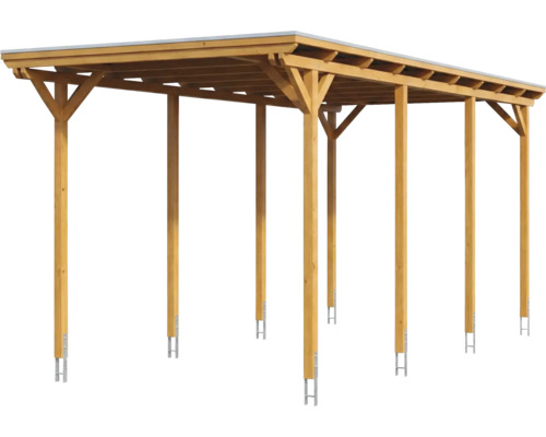 Freistehender Doppelcarport aus Holz mit Flachdach und Metallankern für die Pfosten.