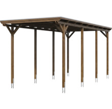 Carport aus Holz mit Flachdach und sechs Stützpfosten inklusive Pfostenankern aus Metall.