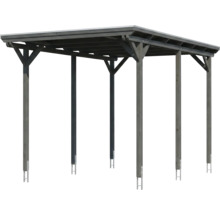 Carport aus grauem Holz mit Flachdach und Pfosten inklusive Metallankern.