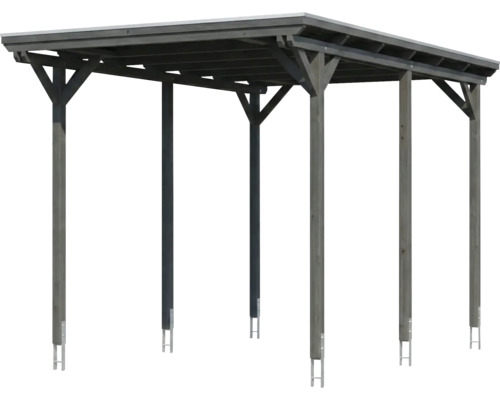 Carport aus grauem Holz mit Flachdach und Pfosten inklusive Metallankern.