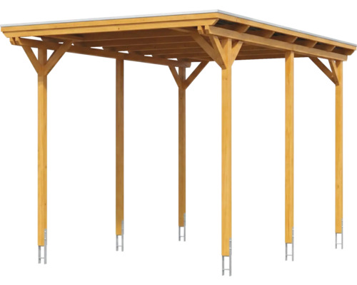 Carport aus Holz mit Flachdach und sechs Pfosten inklusive Pfostenankern.