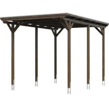Carport aus Holz mit Flachdach, sechs Pfosten und Metallankern.