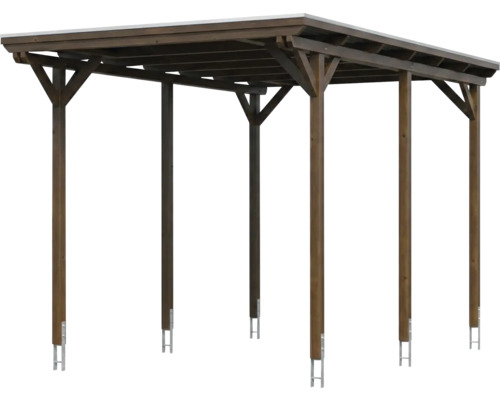 Carport aus Holz mit Flachdach, sechs Pfosten und Metallankern.