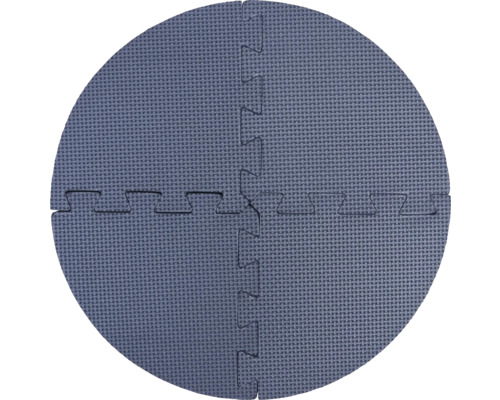 Runde graue Puzzlematte aus Schaumstoff mit strukturierter Oberfläche, vierteilig.