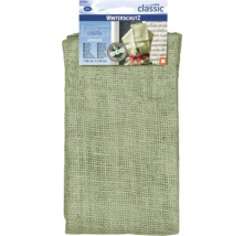 Grüner Videx Jutesack für Winterschutz, 60 mal 110 Zentimeter, 100 Prozent Natur-Jute, grobes Gewebe, Videx Logo, Siegel für Naturprodukte.