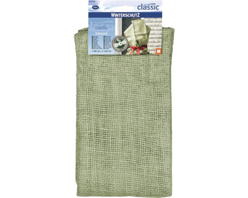Grüner Videx Jutesack für Winterschutz, 60 mal 110 Zentimeter, 100 Prozent Natur-Jute, grobes Gewebe, Videx Logo, Siegel für Naturprodukte.