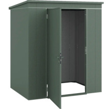 Gerätehaus aus Metall mit Pultdach und geöffneter Tür