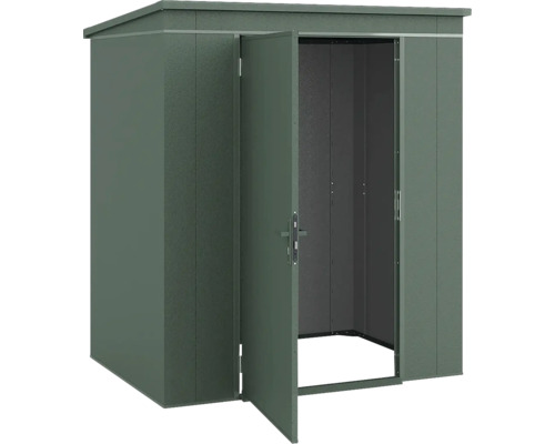 Gerätehaus aus Metall mit Pultdach und geöffneter Tür