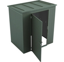 Dunkelgrüner Geräteschrank aus Metall mit einer geöffneten Tür und Flachdach.