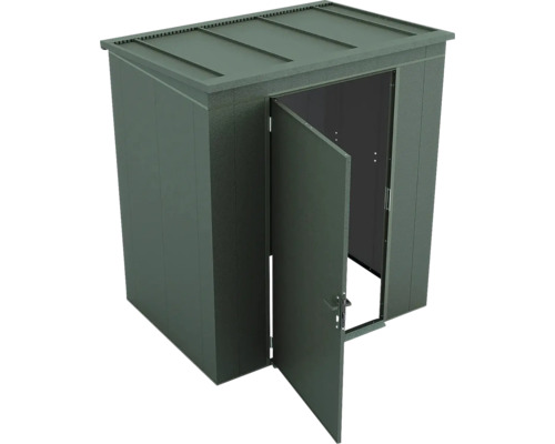 Dunkelgrüner Geräteschrank aus Metall mit einer geöffneten Tür und Flachdach.