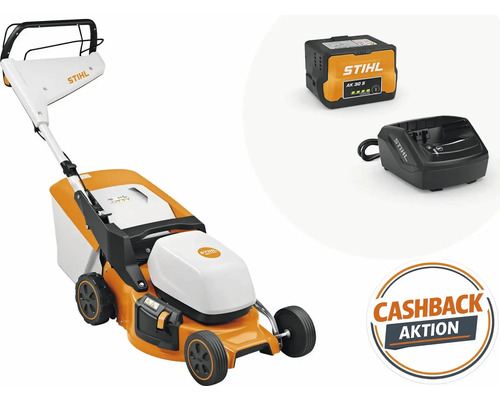 Akkurasenmäher mit Akku, Ladegerät und Cashback Aktion