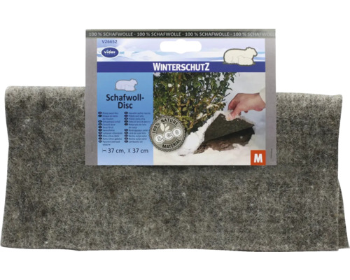 Winterschutz-Disc aus 100 Prozent Schafwolle zur Pflanzenisolierung, umweltfreundliches Material, Videx Logo, 37 Zentimeter Durchmesser.