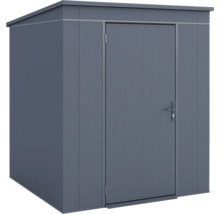Modernes Gerätehaus aus Metall in Anthrazit mit Pultdach und einer Tür.
