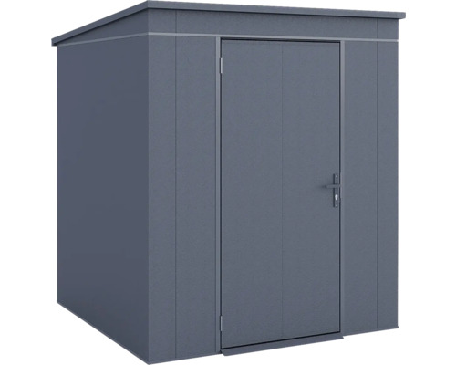 Modernes Gerätehaus aus Metall in Anthrazit mit Pultdach und einer Tür.