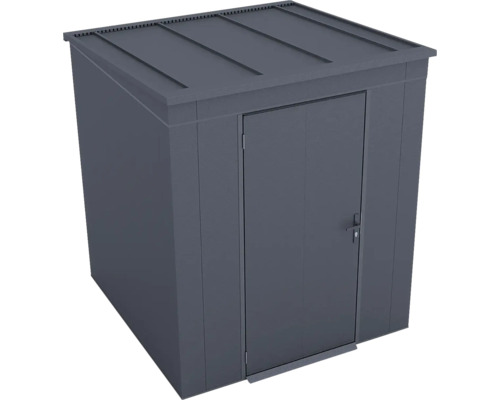 Kompaktes Gerätehaus aus Metall mit Flachdach und abschließbarer Tür in Anthrazit.