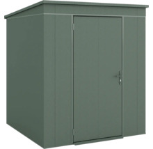 Gerätehaus aus Metall mit Pultdach und einflügeliger Tür.