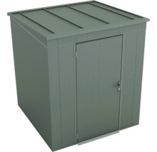 Graues Metallgerätehaus mit Flachdach und einer Tür.