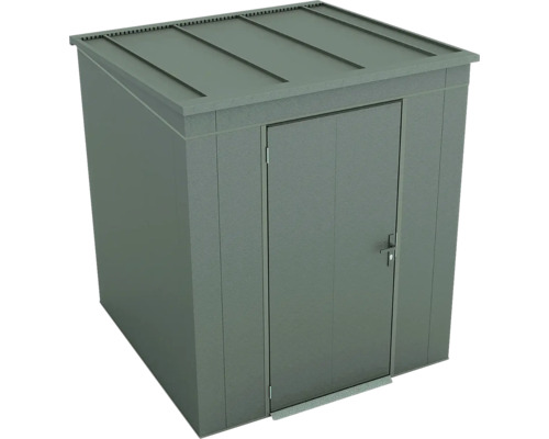 Graues Metallgerätehaus mit Flachdach und einer Tür.