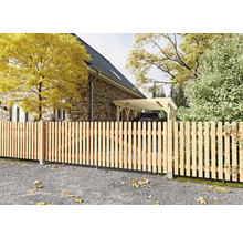 Holzzaun aus hellen Latten mit abgerundeten Köpfen und integriertem Tor vor einem Wohnhaus mit Carport.