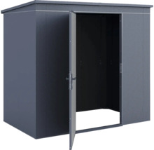 Dunkelgraues Gerätehaus aus Metall mit geöffneter Einzeltür und Pultdach.