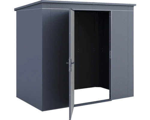 Dunkelgraues Gerätehaus aus Metall mit geöffneter Einzeltür und Pultdach.