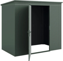 Gerätehaus aus Metall in Dunkelgrün mit einer geöffneten Tür.