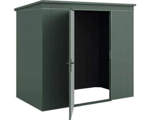 Gerätehaus aus Metall in Dunkelgrün mit einer geöffneten Tür.
