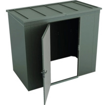 Dunkelgrüner Gartenschrank aus Metall mit Flachdach und einer geöffneten Tür.