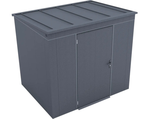 Moderner Geräteschuppen aus Metall in Anthrazit mit Flachdach und einer abschließbaren Einzeltür.