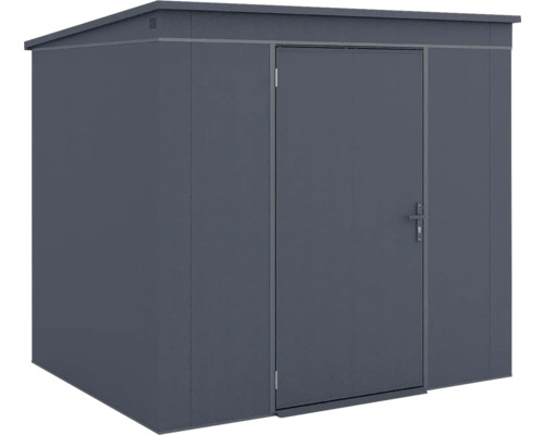 Gerätehaus aus Metall mit Pultdach und einer Einzeltür.