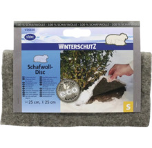 Graue Videx Schafwoll-Disc zum Winterschutz für Pflanzen, 100 Prozent Schafwolle, Durchmesser 25 Zentimeter, Videx Logo.