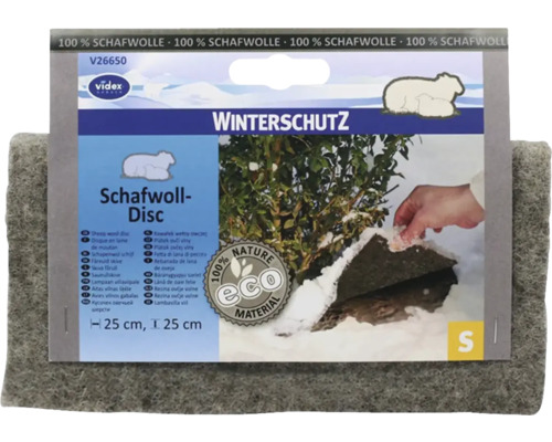 Graue Videx Schafwoll-Disc zum Winterschutz für Pflanzen, 100 Prozent Schafwolle, Durchmesser 25 Zentimeter, Videx Logo.