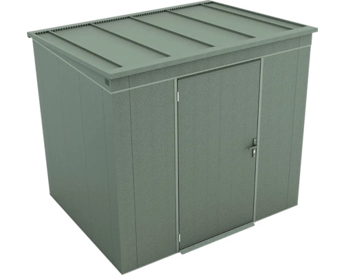 Gerätehaus aus Metall mit Pultdach und einer Tür in Dunkelgrün.
