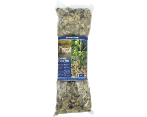 250 Gramm Schafwoll-Flocken von Mary's Garden aus 100 Prozent Schafwolle als natürlicher Dünger und Wasserspeicher für Pflanzen.