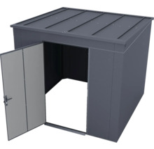 Dunkelgraues Gerätehaus aus Metall mit Pultdach und einer geöffneten Tür.