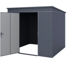 Anthrazitfarbenes Metallgerätehaus mit Pultdach und einer geöffneten Tür.