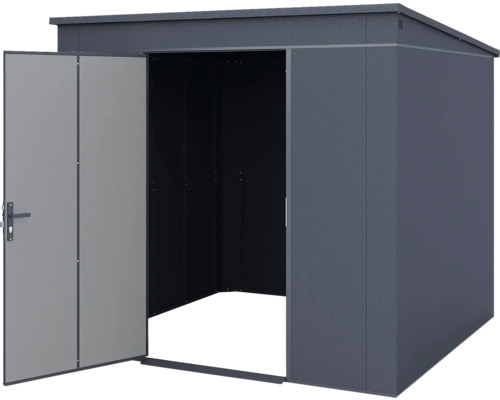 Anthrazitfarbenes Metallgerätehaus mit Pultdach und einer geöffneten Tür.
