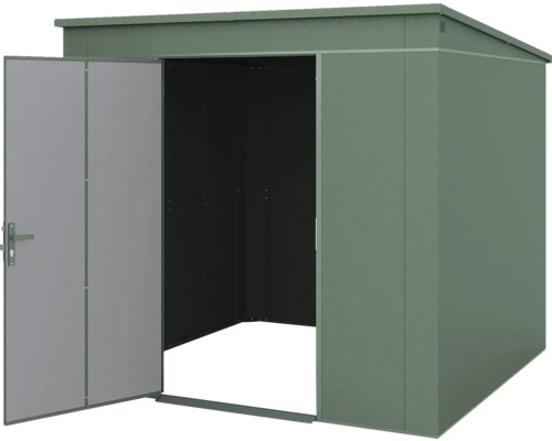 Dunkelgrünes Gerätehaus aus Metall mit Pultdach und einer geöffneten Tür.
